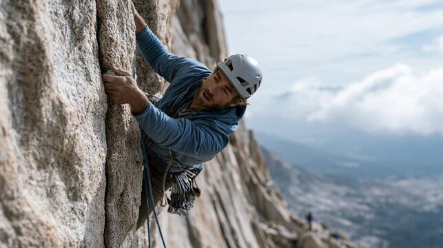 Trad climber placing a hexagonal nut into a granite crack sixty meters above a glacial cirque, alpine rock face route, rope trailing below, rack of cams clipped to harness, belay
