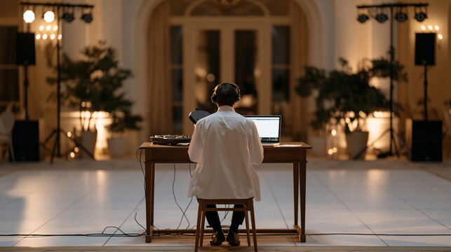 DJ checking the playlist on a laptop at the wedding reception setup during soundcheck with no guests yet in the ballroom, speakers and lighting rigs visible, the empty dance floor