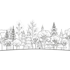 Fototapeta premium A minimalist hand-drawn Forest Tree Sketch depicting a serene Nature Landscape with diverse woodland silhouettes on a white background