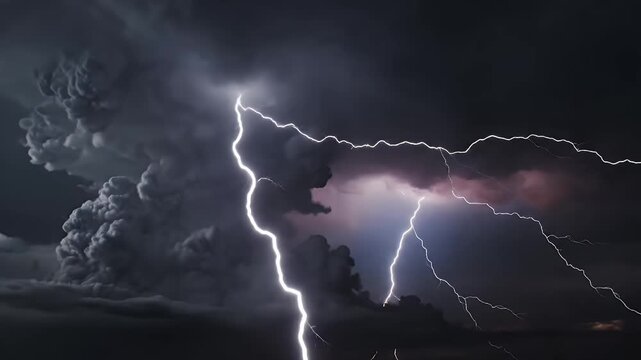 Dramatic Storm Clouds and Intense Lightning Strike at Night.