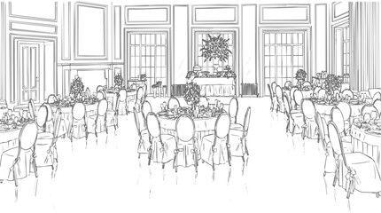Obraz premium Elegant banquet hall prepared for a formal wedding reception and grand ballroom gala event, featuring a detailed line art illustration of tables.