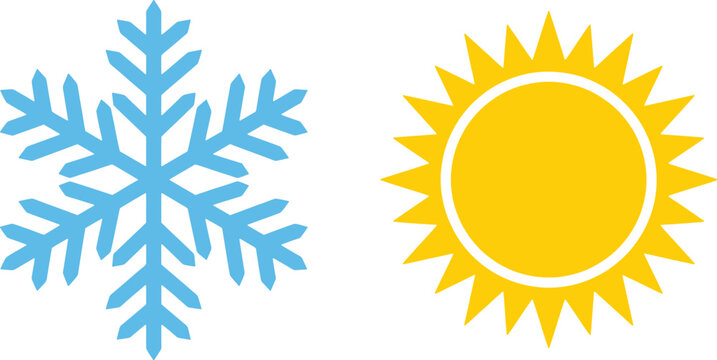 Weather icons for sunshine and snowflake with flat design for web and mobile app