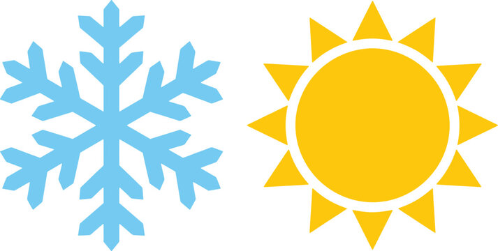 Weather icons for sunshine and snowfall in flat design style for website use
