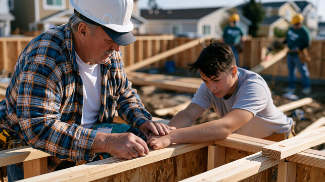 Habitat construction volunteer crew frames a modest wooden house wall on a cleared residential lot, intergenerational interaction visible as an older carpenter guides a teenager's hands on a nail gu