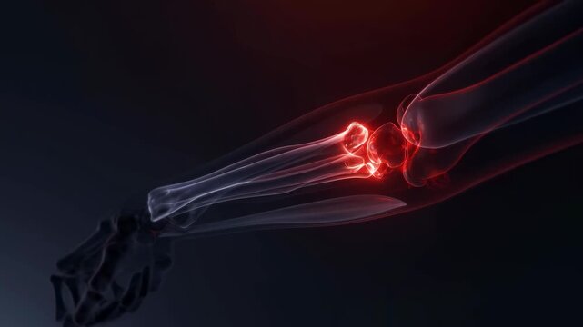 Animation of a 3D x-ray human knee joint with glowing red pain highlight on dark background