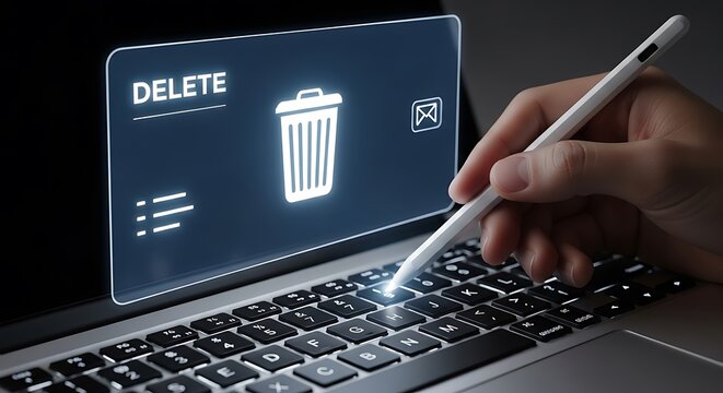 Hand Pressing Delete Key on Laptop with Data Deletion Concept Screen