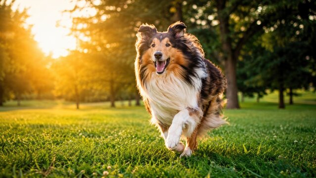 Tri-color rough collie running joyfully across a sunlit grassy park at golden hour