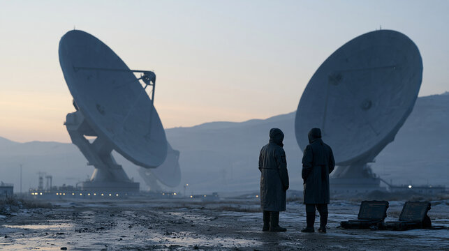 Engineers in rain-soaked outdoor gear inspect quantum communication satellite ground station dish arrays at a remote uplink facility at dawn, moisture beading on parabolic