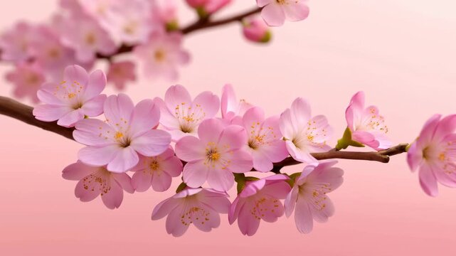 Slow zoom in shot of pink cherry blossom flowers blooming on a branch against a pink background
