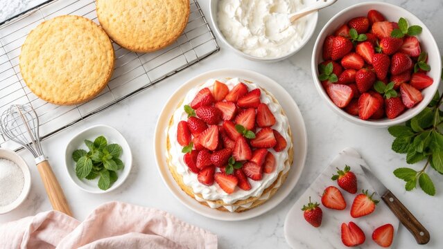 Fresh homemade layered strawberry shortcake topped with whipped cream, sliced strawberries and mint, surrounded by cake layers, bowls of strawberries and cream, and baking tools