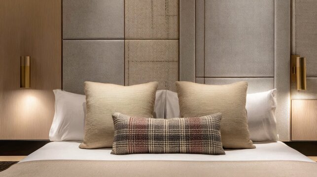 Elegant interior view showcases layered bedding and sophisticated headboard design illuminated by wall sconces