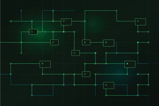 Glowing Green Circuit Board Background with Digital Network Design