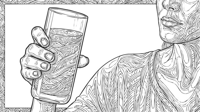 Line art coloring page showing a hand holding a glass of water with an intricate pattern for artistic hydration, health, and wellness concepts.