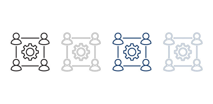 Corporate team network icon set with gear center symbolizing collaboration and workflow.