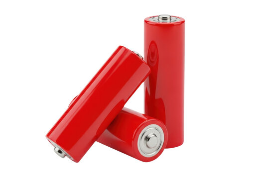 Three red alkaline aa batteries isolated on transparent background