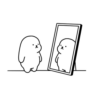 A cute character stands in front of a mirror, reflecting on its appearance, evoking feelings of self-reflection and awareness in a minimalist style.