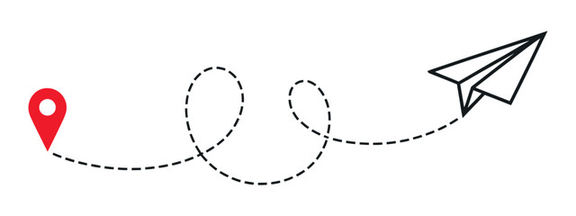 Paper airplane path travel route with start point and dash line trace for business planning strategy communication and movement flow visualization graphic, vector design ©                     