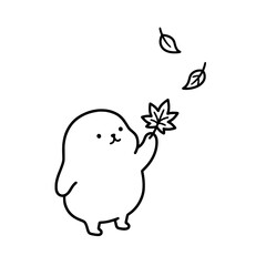 Fototapeta premium An endearing character holding a leaf, surrounded by falling leaves, symbolizing change and the beauty of nature's transitions in a lovely, minimalist illustration style.