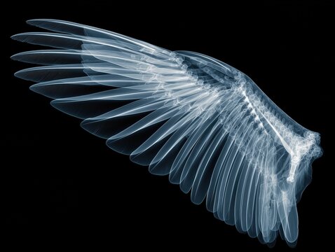 Blue glow X-ray bird wing skeleton on black background