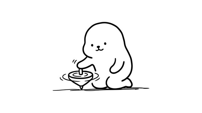 A charming character joyfully playing with a spinning top toy, radiating childhood innocence and the simple pleasures of playtime through a minimalist artistic style.