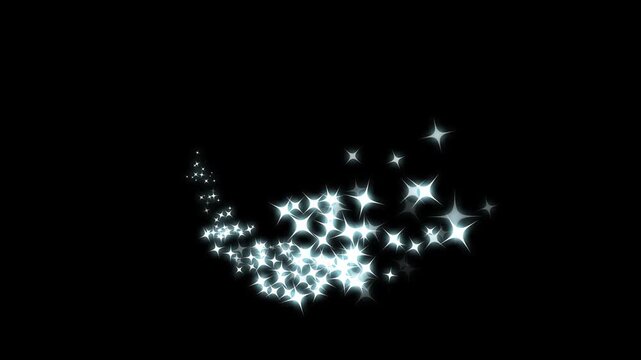Twinkling star magic dust trail effect, glowing fairy wand trail, white glitter sparkle line, radiant star particles, shimmering curved motion path, enchanting transition animation on black screen.4K