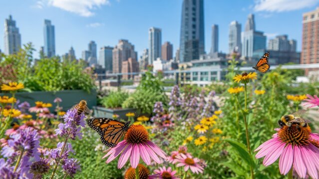 Monarch butterflies and bees pollinating echinacea and wildflowers in a vibrant rooftop urban garden with city skyline