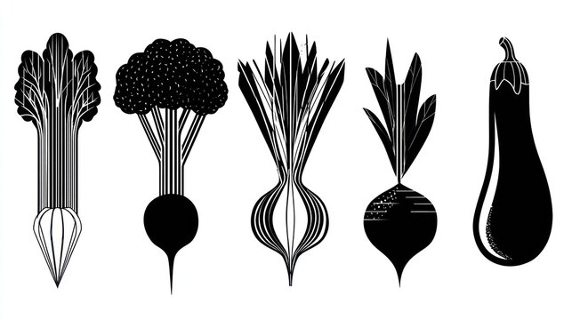 Stylized monochromatic illustrations display five different kinds of root vegetables and a nightshade fruit.