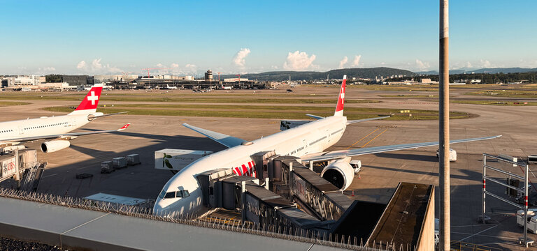Zurich, Switzerland - May 29, 2025: Views of Zurich Airport with aircraft ready for departure during sunny weather