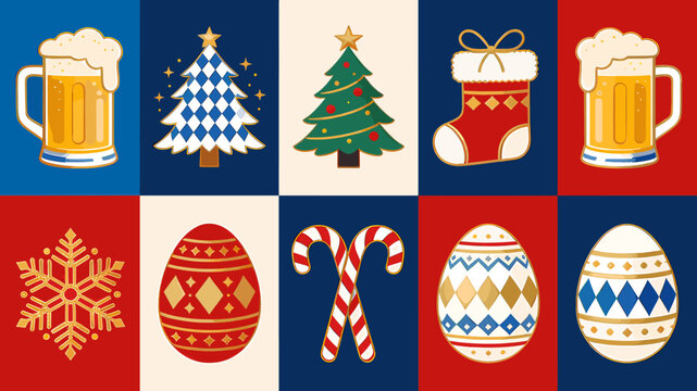 A vibrant collage of festive holiday icons including beer mugs, Christmas trees, stockings, snowflakes, Easter eggs, and candy canes arranged on a grid of colorful squares.