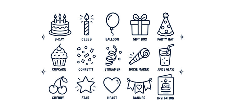 happy birthday party celebration element sketch icon set vector illustration on white background