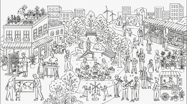 Sustainable community urban lifestyle illustration of an eco-friendly smart city with rooftop gardens, wind turbines, and people in green public