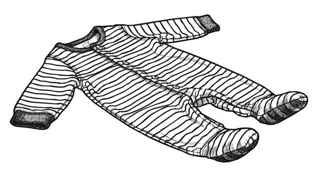 Infant - Hand-drawn sketch of a striped baby romper and sleepsuit, classic pajamas for infants with footed design and buttons, vintage illustration