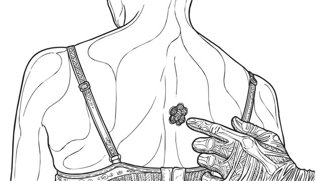 Medical illustration of a clinical mole skin examination by a professional dermatology specialist on a woman's upper back for cancer prevention.