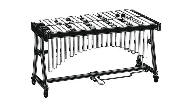 Detailed black and white vector of a professional vibraphone percussion musical instrument with mallets used in an orchestra or jazz band.