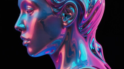 Fototapeta premium Holographic human head sculpture with flowing iridescent textures. Vivid spectral colors shift and swirl, creating a modern, futuristic art piece. Perfect for tech or design concepts.