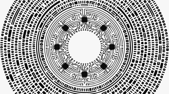 Intricate Circular Pattern of Microchips and Binary Code Representing Technology and Innovation