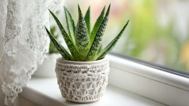 Small succulent plant rests in a decorative crocheted container situated on a bright windowsill next to white lace fabric.