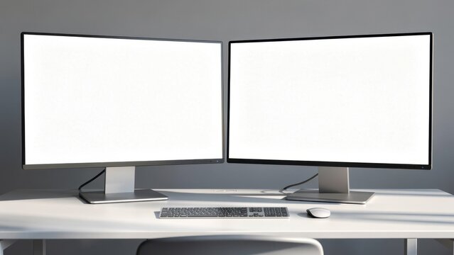 Modern dual monitor mockup on a clean white desk with keyboard and mouse. Minimalist workspace interior with bright natural lighting, ideal for digital design and web presentation showcases.