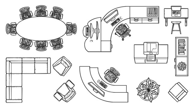 Comprehensive collection of office floor plan architectural symbols featuring furniture top view elements for workplace layout and interior design