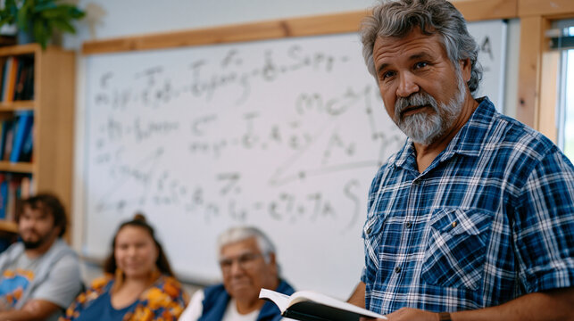 University linguistics professor stands at a whiteboard covered in phonetic symbols before a small passionate class of Indigenous language learners, community elders seated at the front as co-teache