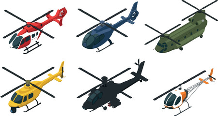 Isometric helicopter vector collection featuring military chinook combat chopper rescue aircraft civilian transport and private flight vehicles for game map assets © MstRowshanAra