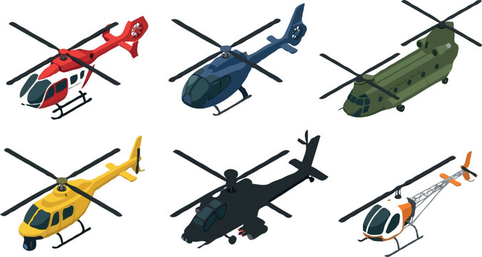 Isometric helicopter vector collection featuring military chinook combat chopper rescue aircraft civilian transport and private flight vehicles for game map assets