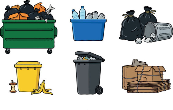 Garbage collection and waste sorting vector set featuring green dumpster recycling bin organic waste basket plastic container trash bags and cardboard boxes7