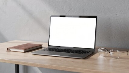 Fototapeta premium Modern laptop mockup with blank white screen on a wooden desk, featuring eyeglasses and notebook, set against a textured gray concrete wall with warm natural window light shadows.