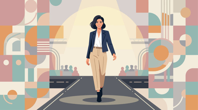 A chic female model confidently struts down a runway, showcasing a contemporary outfit at a fashion event, depicted in a clean Flat Design style. This illustration captures the essence of high fashion