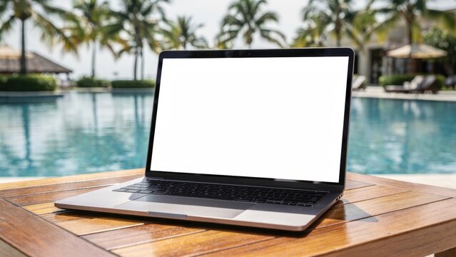 Laptop mockup with blank white screen on wooden table by tropical swimming pool resort with palm trees under bright summer sunlight, perfect for remote work and digital nomad lifestyle promo.