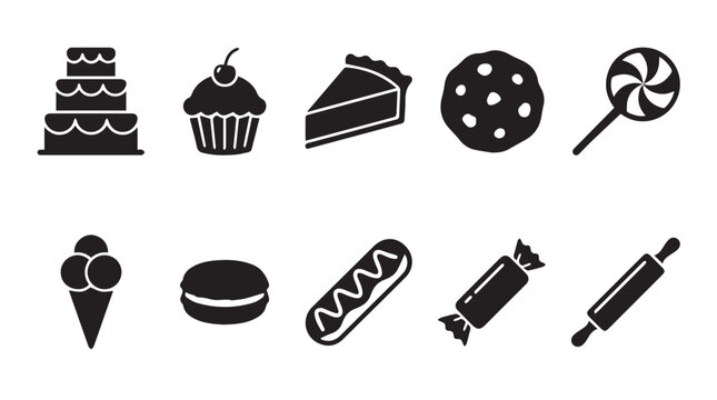 Set of ten black silhouette depicting various sweet desserts and baking tools including a tiered cake, cupcake, pie slice, cookie, lollipop, ice cream, macaron, eclair, and roller
