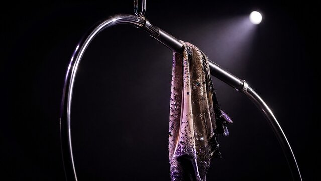 Polished silver aerialist bar with sequined costume draped over it, spotlight.