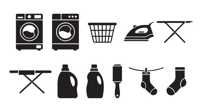 A set of ten black laundry and housekeeping featuring washing machines, a laundry basket, an iron, ironing board, detergent bottles, lint roller, and socks hanging on a clothesline