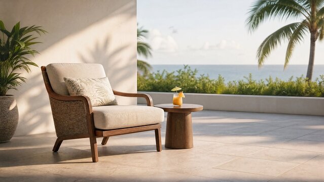A lounge chair and side table with a drink on a tiled lanai in soft afternoon light.